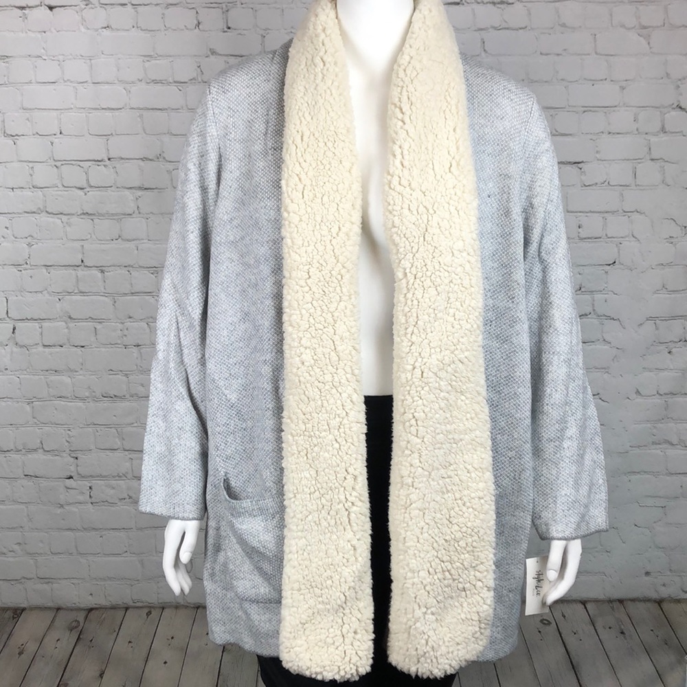 Only Size 1X Left! Style & Co Gray Heather Sherpa Cardigan Plus Size - Picture 2 of 6